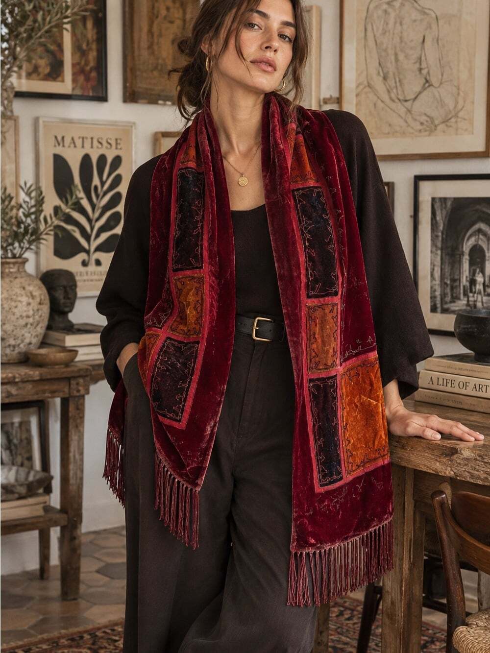 Velvet Fringe Scarf in Deep Burgundy Burnt Orange Boho Artisanal Wrap Lagenlook